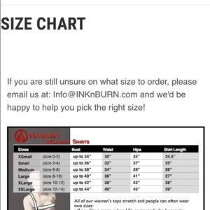 Ink N Burn Size Chart